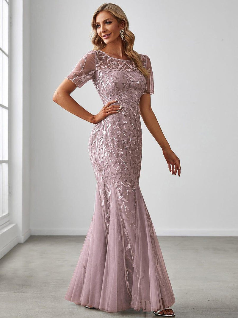 ever JADEN|Floral Sequin Maxi Fishtail Tulle Formal Evening Dress with Short Sleeve