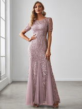 ever JADEN|Floral Sequin Maxi Fishtail Tulle Formal Evening Dress with Short Sleeve