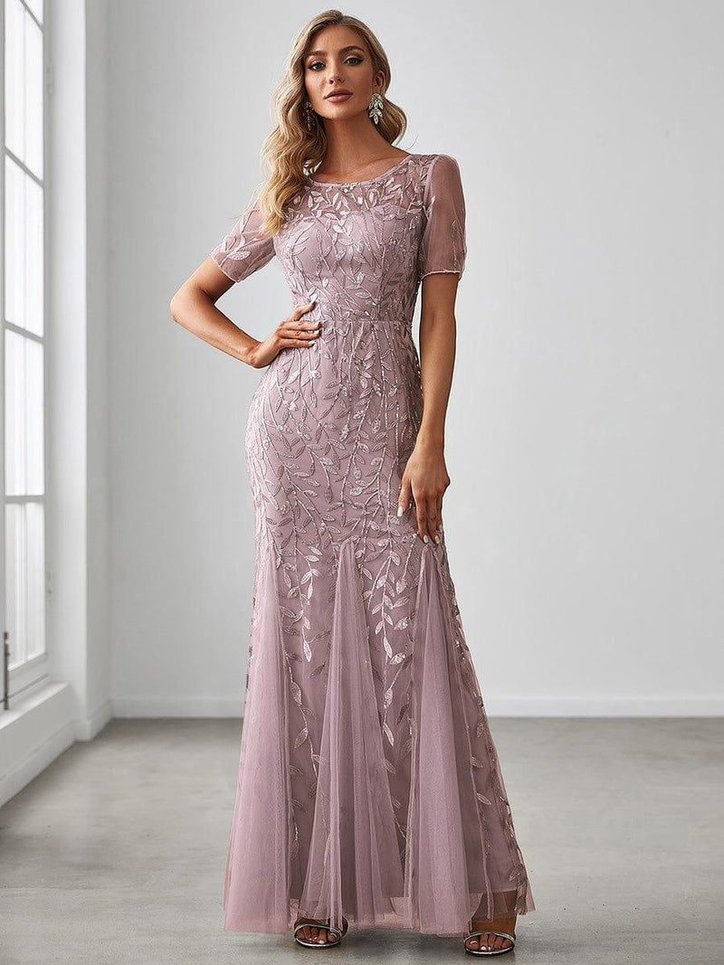 ever JADEN|Floral Sequin Maxi Fishtail Tulle Formal Evening Dress with Short Sleeve