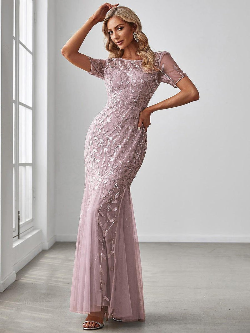 ever JADEN|Floral Sequin Maxi Fishtail Tulle Formal Evening Dress with Short Sleeve