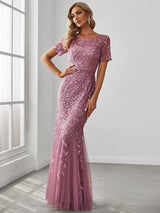 ever JADEN|Floral Sequin Maxi Fishtail Tulle Formal Evening Dress with Short Sleeve