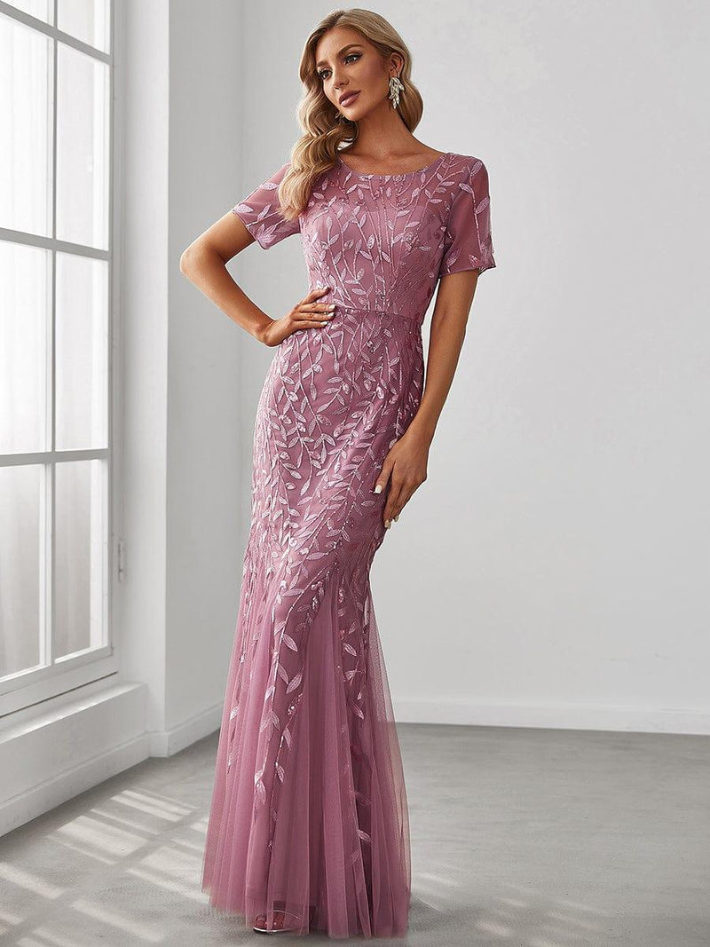 ever JADEN|Floral Sequin Maxi Fishtail Tulle Formal Evening Dress with Short Sleeve