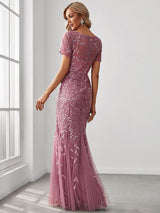 ever JADEN|Floral Sequin Maxi Fishtail Tulle Formal Evening Dress with Short Sleeve