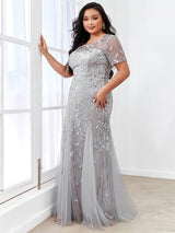 pretty JADEN|Floral Sequin Print Plus Size Mermaid Tulle Evening Dress