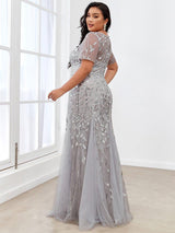 pretty JADEN|Floral Sequin Print Plus Size Mermaid Tulle Evening Dress