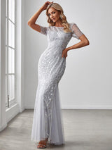 ever JADEN|Floral Sequin Maxi Fishtail Tulle Formal Evening Dress with Short Sleeve