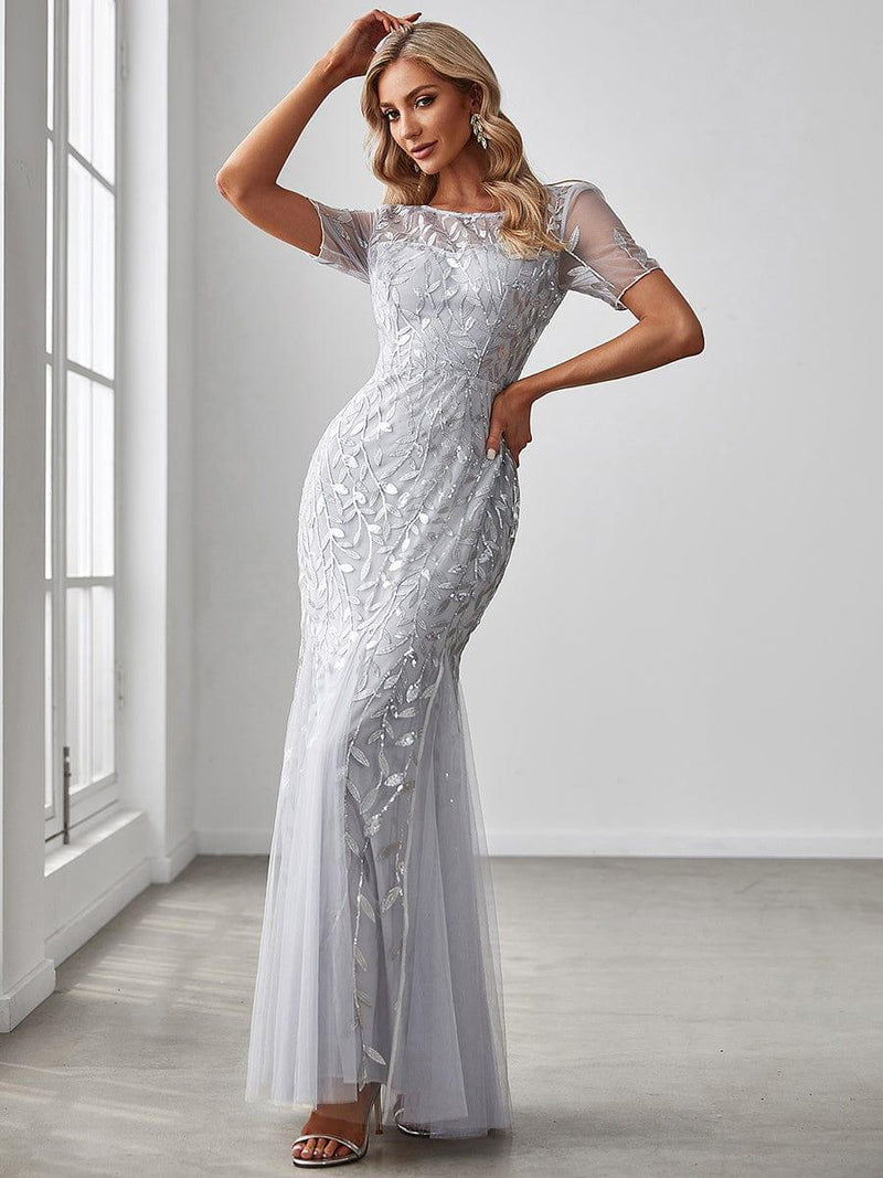 ever JADEN|Floral Sequin Maxi Fishtail Tulle Formal Evening Dress with Short Sleeve
