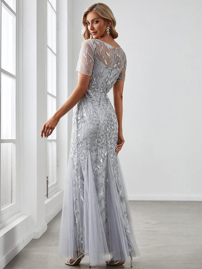 ever JADEN|Floral Sequin Maxi Fishtail Tulle Formal Evening Dress with Short Sleeve