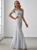 ever JADEN|Floral Sequin Maxi Fishtail Tulle Formal Evening Dress with Short Sleeve