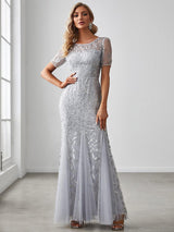 ever JADEN|Floral Sequin Maxi Fishtail Tulle Formal Evening Dress with Short Sleeve
