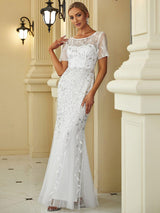 ever JADEN|Floral Sequin Maxi Fishtail Tulle Formal Evening Dress with Short Sleeve