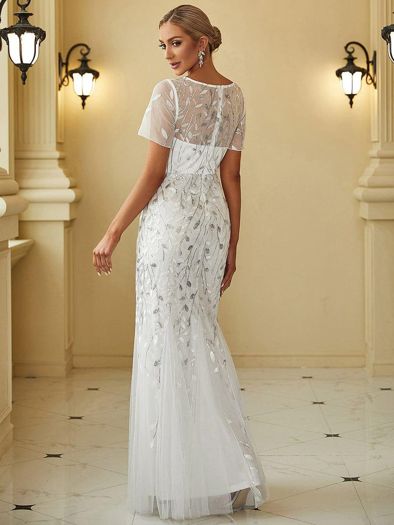 ever JADEN|Floral Sequin Maxi Fishtail Tulle Formal Evening Dress with Short Sleeve