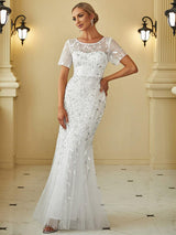 ever JADEN|Floral Sequin Maxi Fishtail Tulle Formal Evening Dress with Short Sleeve