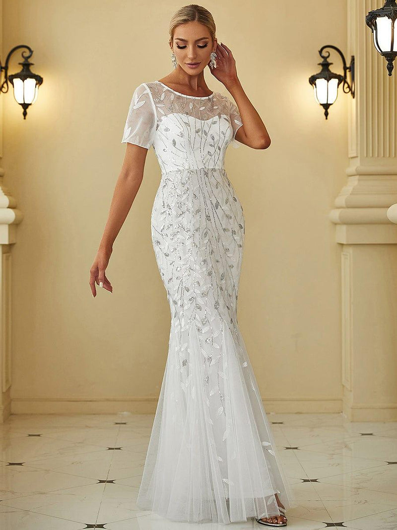 ever JADEN|Floral Sequin Maxi Fishtail Tulle Formal Evening Dress with Short Sleeve