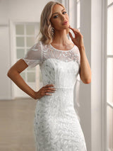 ever JADEN|Floral Sequin Maxi Fishtail Tulle Formal Evening Dress with Short Sleeve