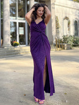 ever NOIRE|Glitter V-Neck High Slit Sequin Shoulder Strap Evening Dress