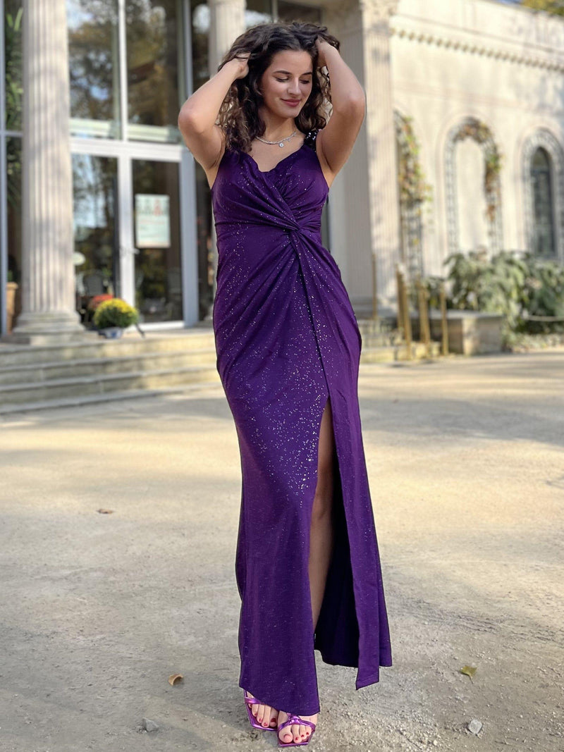ever NOIRE|Glitter V-Neck High Slit Sequin Shoulder Strap Evening Dress