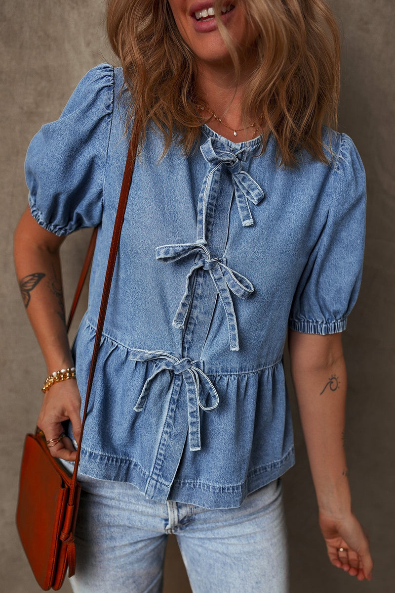 Denim Bow Peplum Shirt